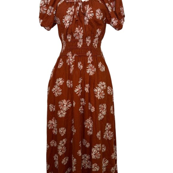 Madewell Sophia Smocked Linen Midi Dress Floral Rust Brown XXS Cottagecore - Picture 3 of 6